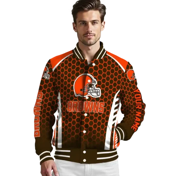personalized cleveland browns hexagon grid brown varsity jacket high quality.webp