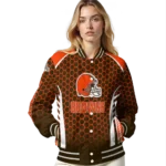 personalized cleveland browns hexagon grid brown varsity jacket best selling.webp