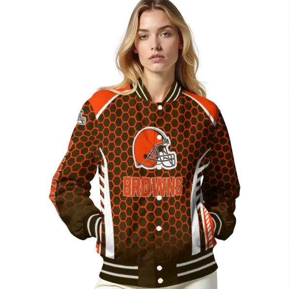 personalized cleveland browns hexagon grid brown varsity jacket latest model.webp