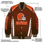 personalized cleveland browns hexagon grid brown varsity jacket best selling.webp
