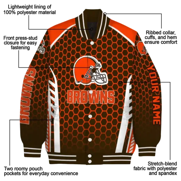 personalized cleveland browns hexagon grid brown varsity jacket new arrival.webp