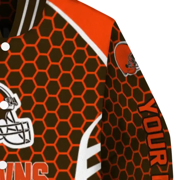 personalized cleveland browns hexagon grid brown varsity jacket premium grade.webp