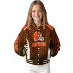 personalized cleveland browns hexagon grid brown varsity jacket best selling.webp
