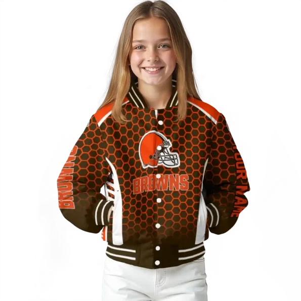 personalized cleveland browns hexagon grid brown varsity jacket top rated.webp
