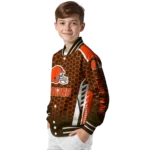 personalized cleveland browns hexagon grid brown varsity jacket best selling.webp