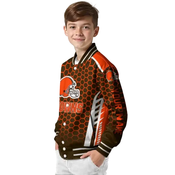 personalized cleveland browns hexagon grid brown varsity jacket trendy.webp