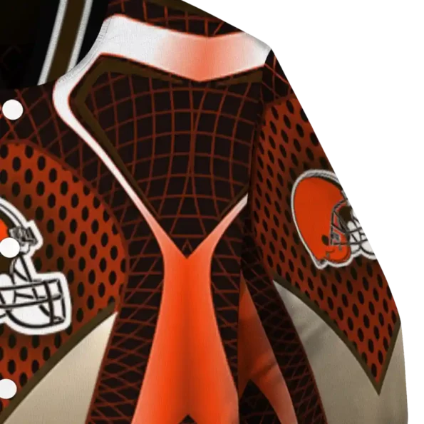 personalized cleveland browns mesh chest brown crocs black varsity jacket premium grade.webp