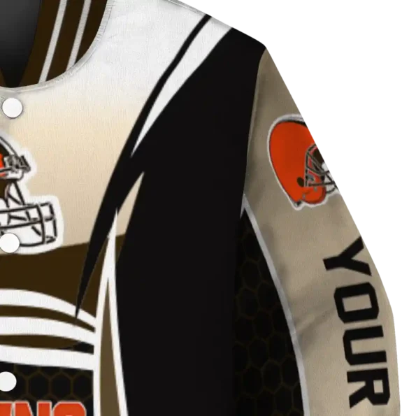 personalized cleveland browns mesh effect brown black varsity jacket premium grade.webp