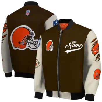 personalized cleveland browns razorback outline brown nude bomber jacket fashion forward