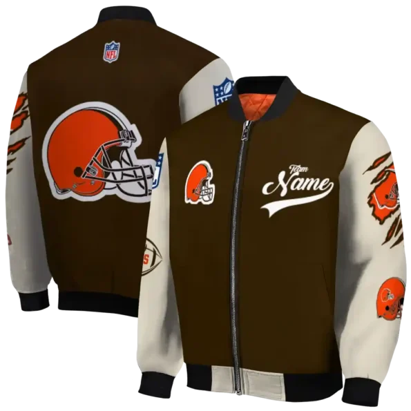personalized cleveland browns razorback outline brown nude bomber jacket fashion forward