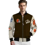 personalized cleveland browns razorback outline brown nude bomber jacket best selling