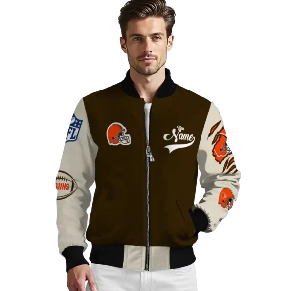 personalized cleveland browns razorback outline brown nude bomber jacket high quality