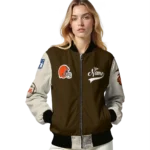 personalized cleveland browns razorback outline brown nude bomber jacket best selling