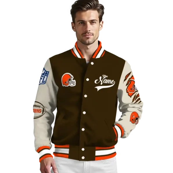 personalized cleveland browns razorback outline brown nude varsity jacket high quality.webp