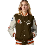 personalized cleveland browns razorback outline brown nude varsity jacket best selling.webp
