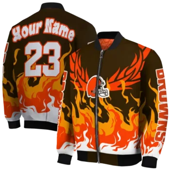 personalized cleveland browns winged blaze brown white bomber jacket fashion forward