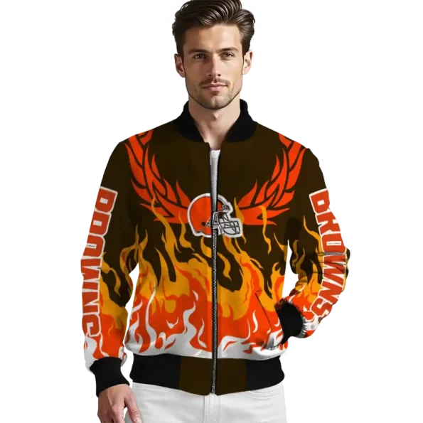 personalized cleveland browns winged blaze brown white bomber jacket high quality