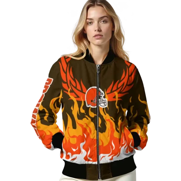 personalized cleveland browns winged blaze brown white bomber jacket latest model