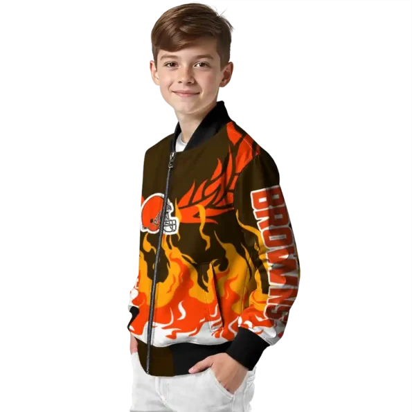 personalized cleveland browns winged blaze brown white bomber jacket trendy