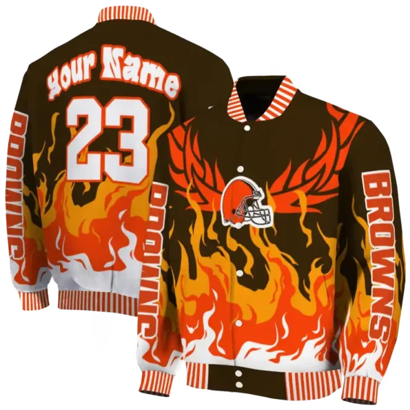 personalized cleveland browns winged blaze brown white varsity jacket fashion forward.webp