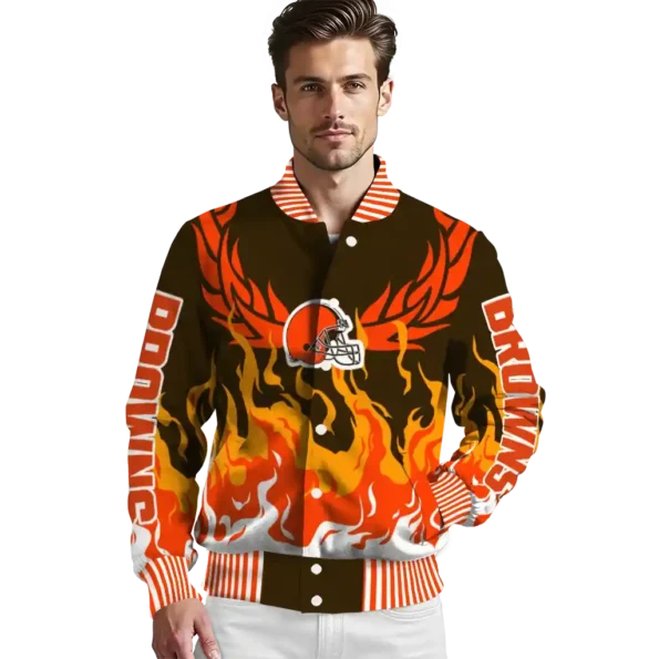 personalized cleveland browns winged blaze brown white varsity jacket high quality.webp