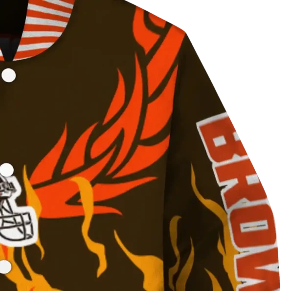 personalized cleveland browns winged blaze brown white varsity jacket premium grade.webp