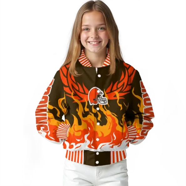 personalized cleveland browns winged blaze brown white varsity jacket top rated.webp