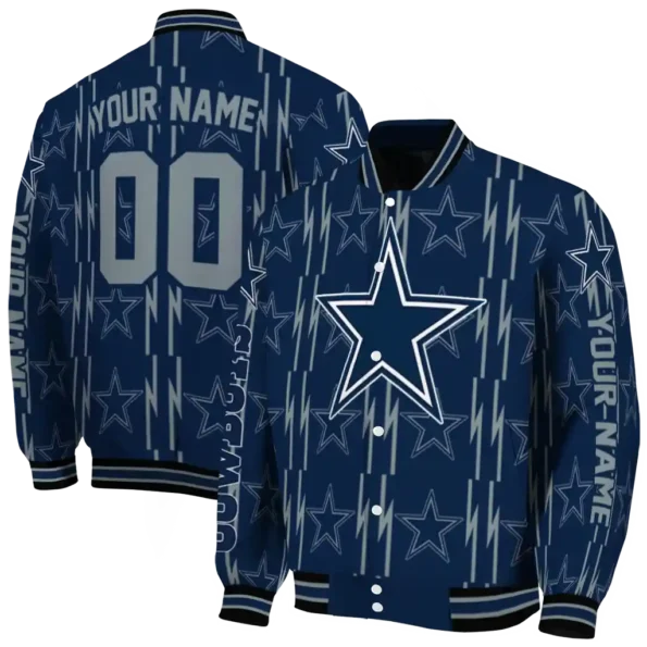 personalized dallas cowboys bolt stripe blue varsity jacket fashion forward.webp