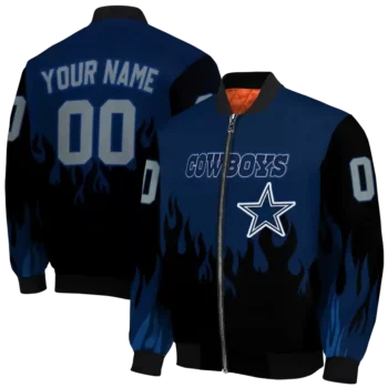 personalized dallas cowboys flame border blue black bomber jacket fashion forward