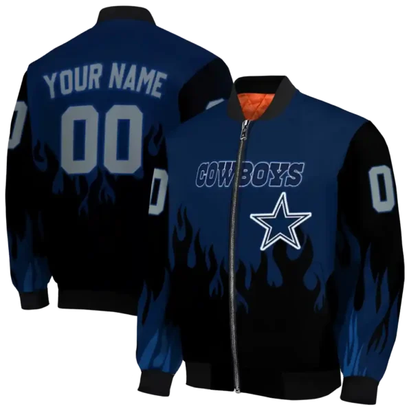 personalized dallas cowboys flame border blue black bomber jacket fashion forward