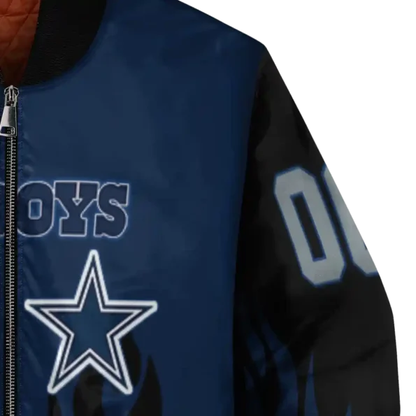 personalized dallas cowboys flame border blue black bomber jacket premium grade