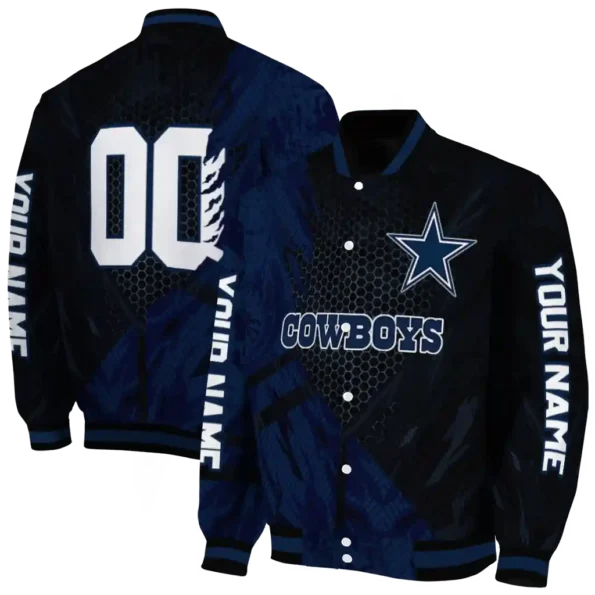 personalized dallas cowboys hexagon mesh blue black varsity jacket fashion forward.webp