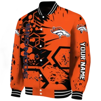 personalized denver broncos hexagon cluster orange black varsity jacket best selling.webp