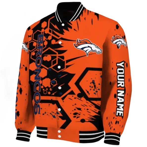 personalized denver broncos hexagon cluster orange black varsity jacket best selling.webp