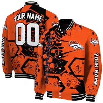 personalized denver broncos hexagon cluster orange black varsity jacket fashion forward.webp