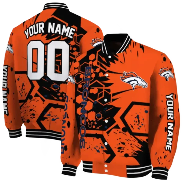 personalized denver broncos hexagon cluster orange black varsity jacket fashion forward.webp