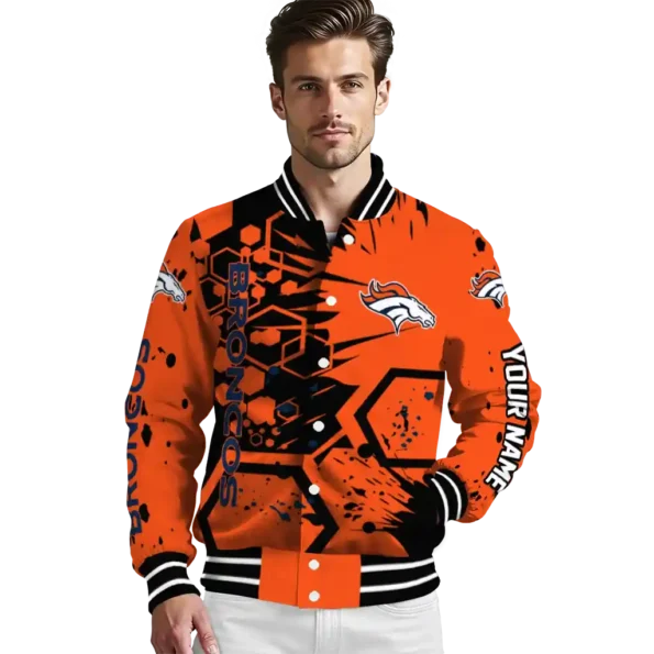 personalized denver broncos hexagon cluster orange black varsity jacket high quality.webp