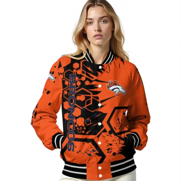 personalized denver broncos hexagon cluster orange black varsity jacket latest model.webp
