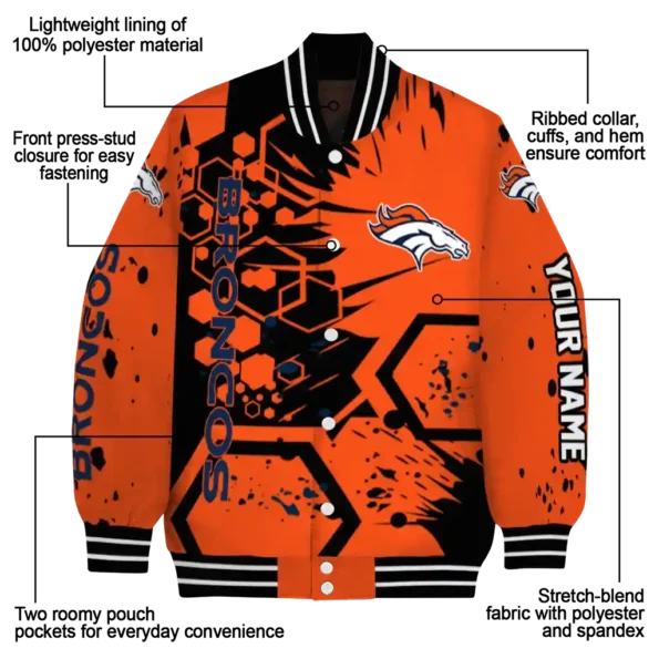 personalized denver broncos hexagon cluster orange black varsity jacket new arrival.webp