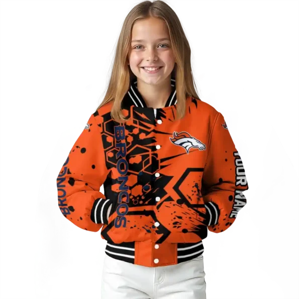personalized denver broncos hexagon cluster orange black varsity jacket top rated.webp