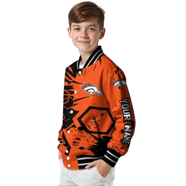 personalized denver broncos hexagon cluster orange black varsity jacket trendy.webp