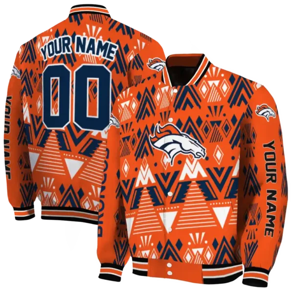 personalized denver broncos pyramid shapes orange varsity jacket fashion forward.webp
