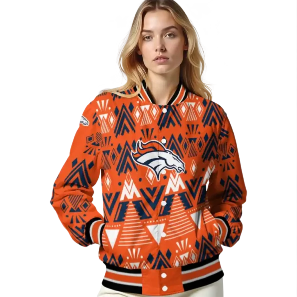 personalized denver broncos pyramid shapes orange varsity jacket latest model.webp