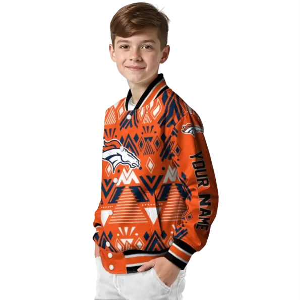 personalized denver broncos pyramid shapes orange varsity jacket trendy.webp