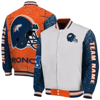 personalized denver broncos speckled arms orange gray varsity jacket fashion forward.webp