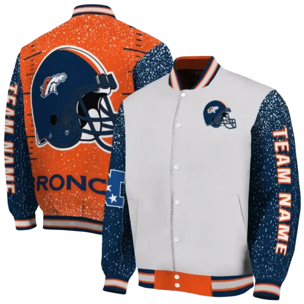 personalized denver broncos speckled arms orange gray varsity jacket fashion forward.webp