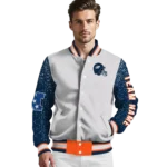 personalized denver broncos speckled arms orange gray varsity jacket best selling.webp