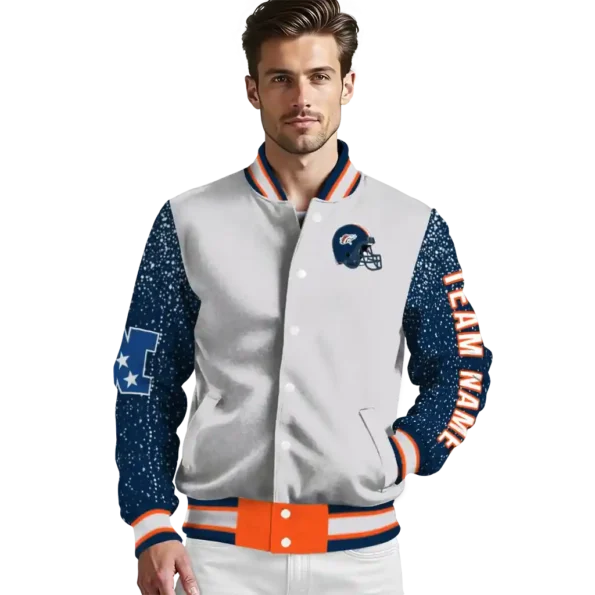 personalized denver broncos speckled arms orange gray varsity jacket high quality.webp
