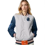 personalized denver broncos speckled arms orange gray varsity jacket best selling.webp