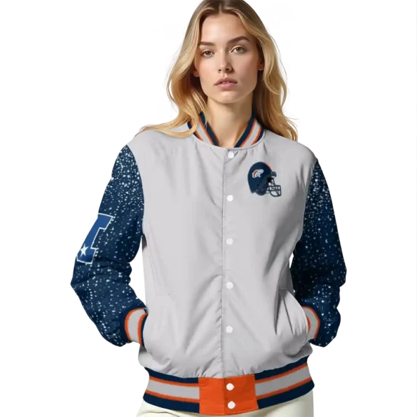 personalized denver broncos speckled arms orange gray varsity jacket latest model.webp